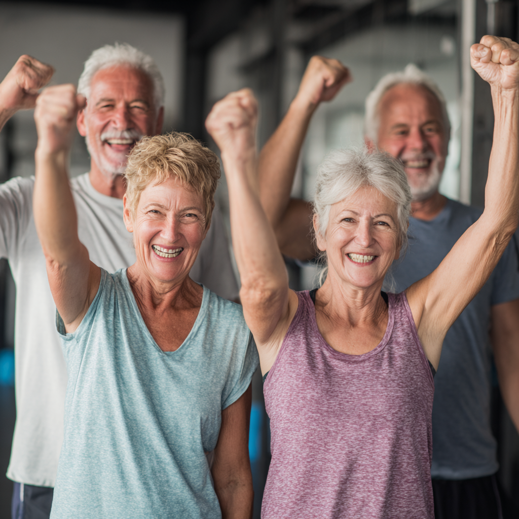 Group of middle-aged and senior adults celebrating after successful fitness session