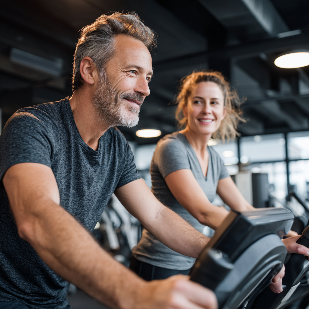 Middle-aged man and woman exercising together in modern fitness facility